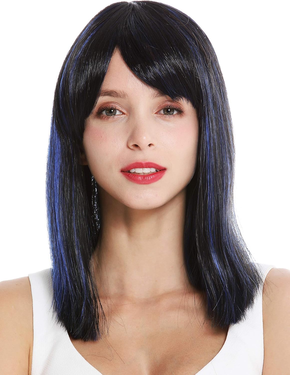 WIG ME UP - VK-5-1BHF22 quality women's wig shoulder length sleek longe fringe parted black highlights blue highlights