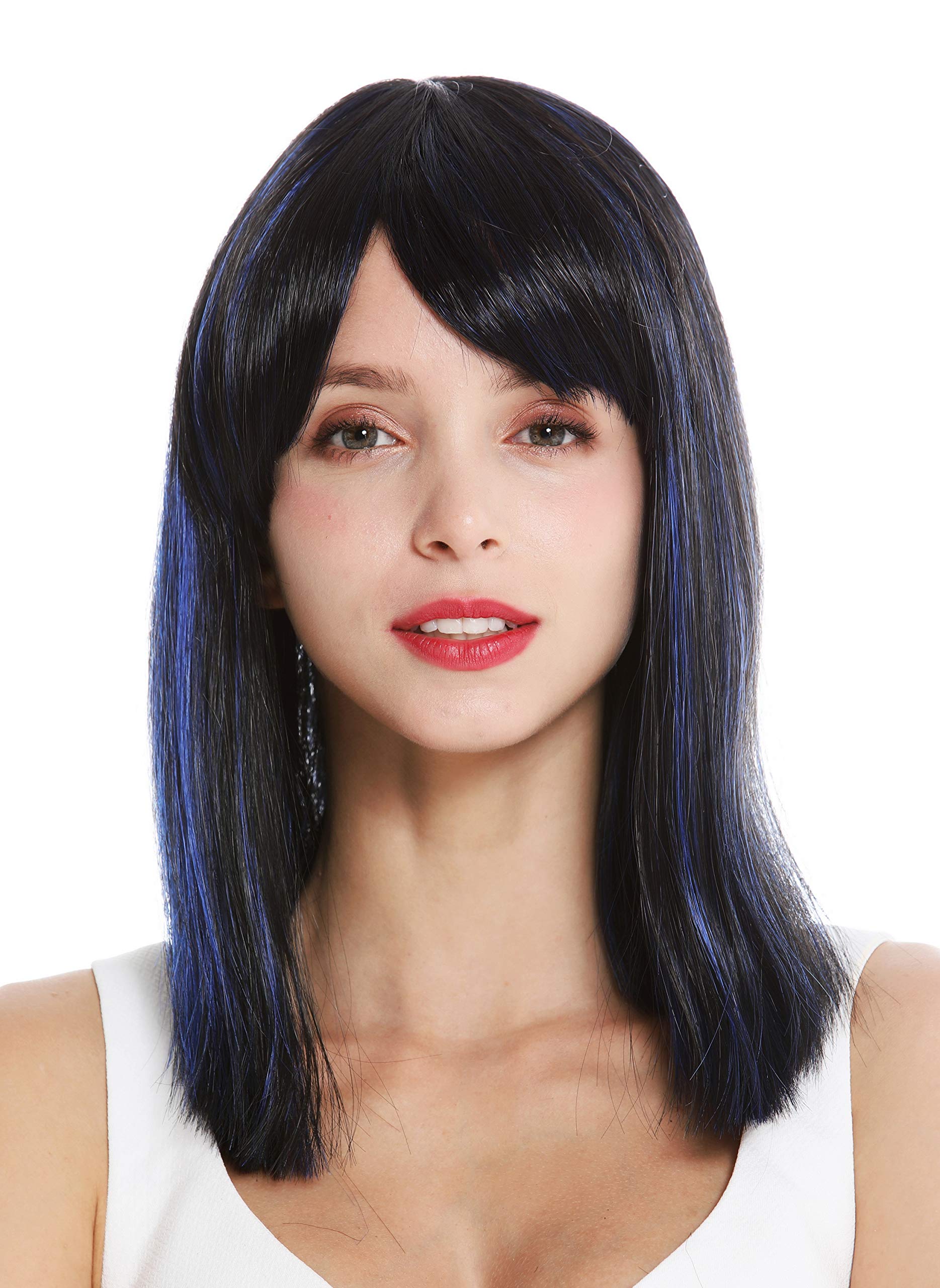 WIG ME UP - VK-5-1BHF22 quality women's wig shoulder length sleek longe fringe parted black highlights blue highlights