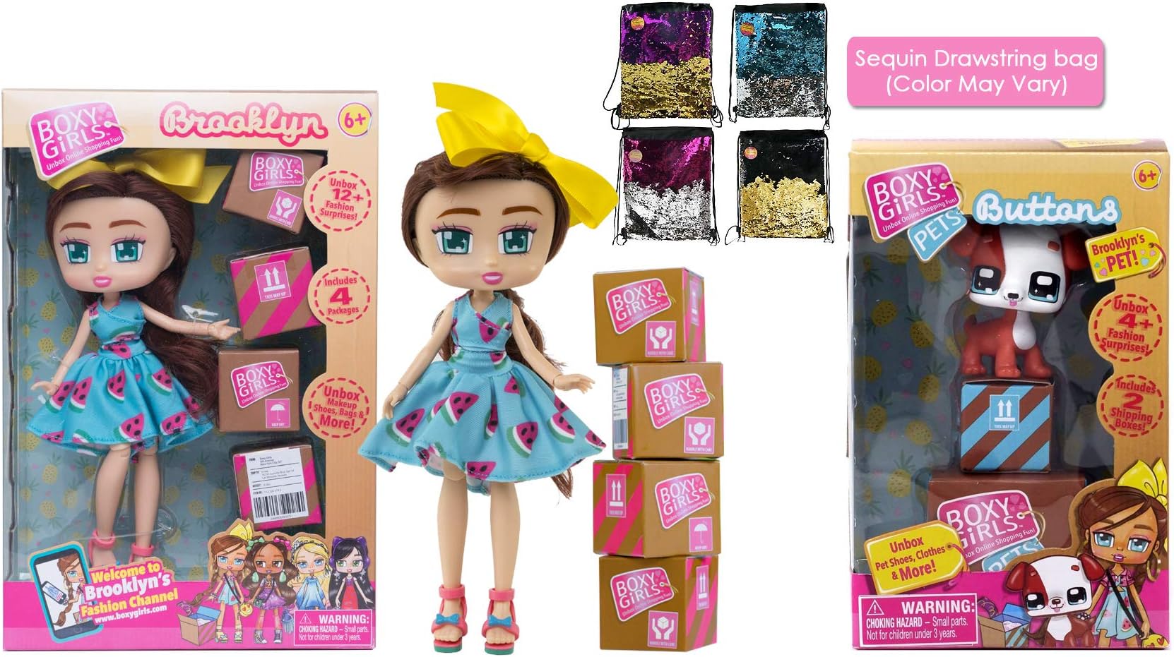 Ropeastar Boxy Girls Doll and Pet Play Set for Girls Season 1 with Sequin Accessories Bag (Brooklyn + Buttons)