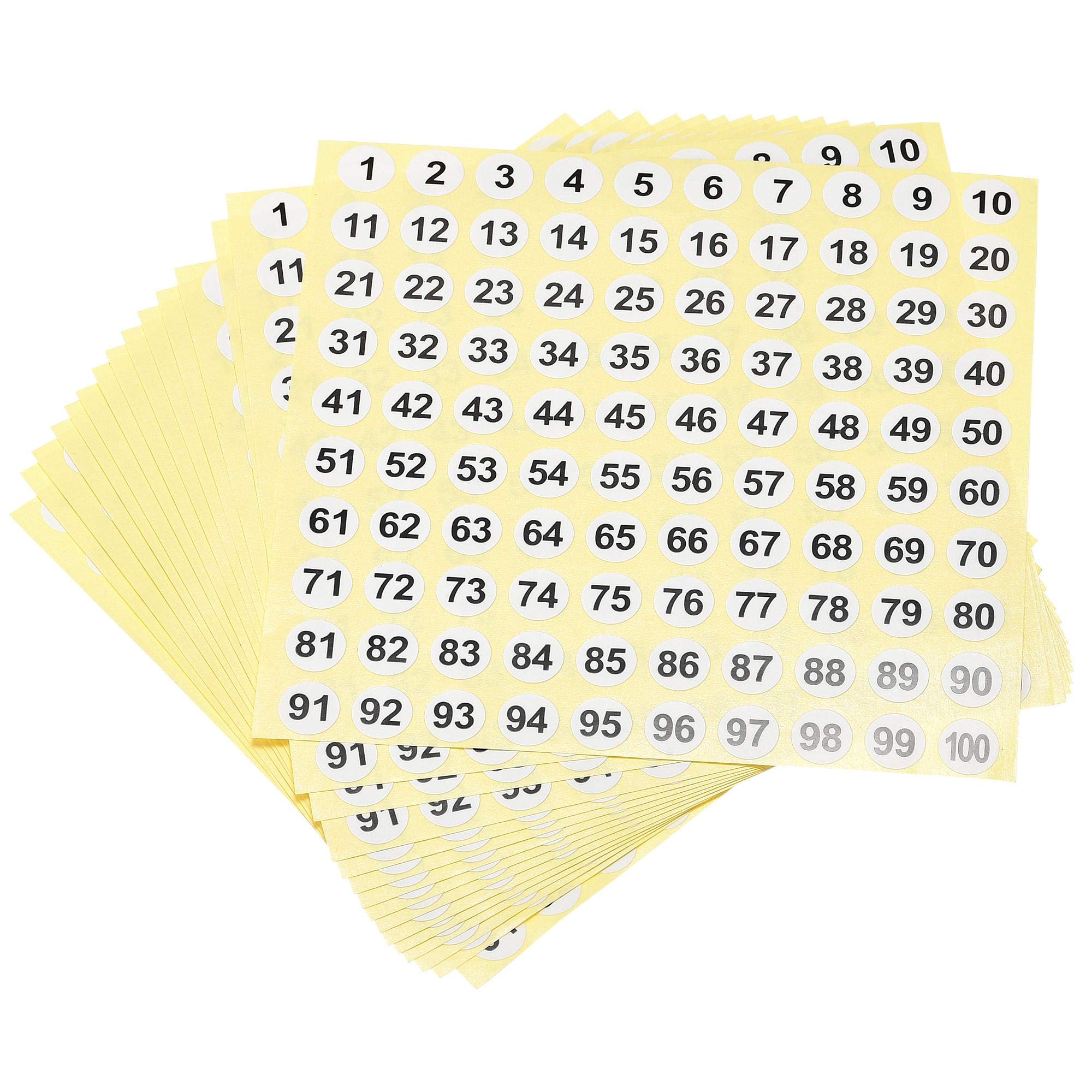 sourcing map Round Number Stickers, 10mm Dia Number 1-100 Coated Paper Label 15 Sheets, Black Word/White Background