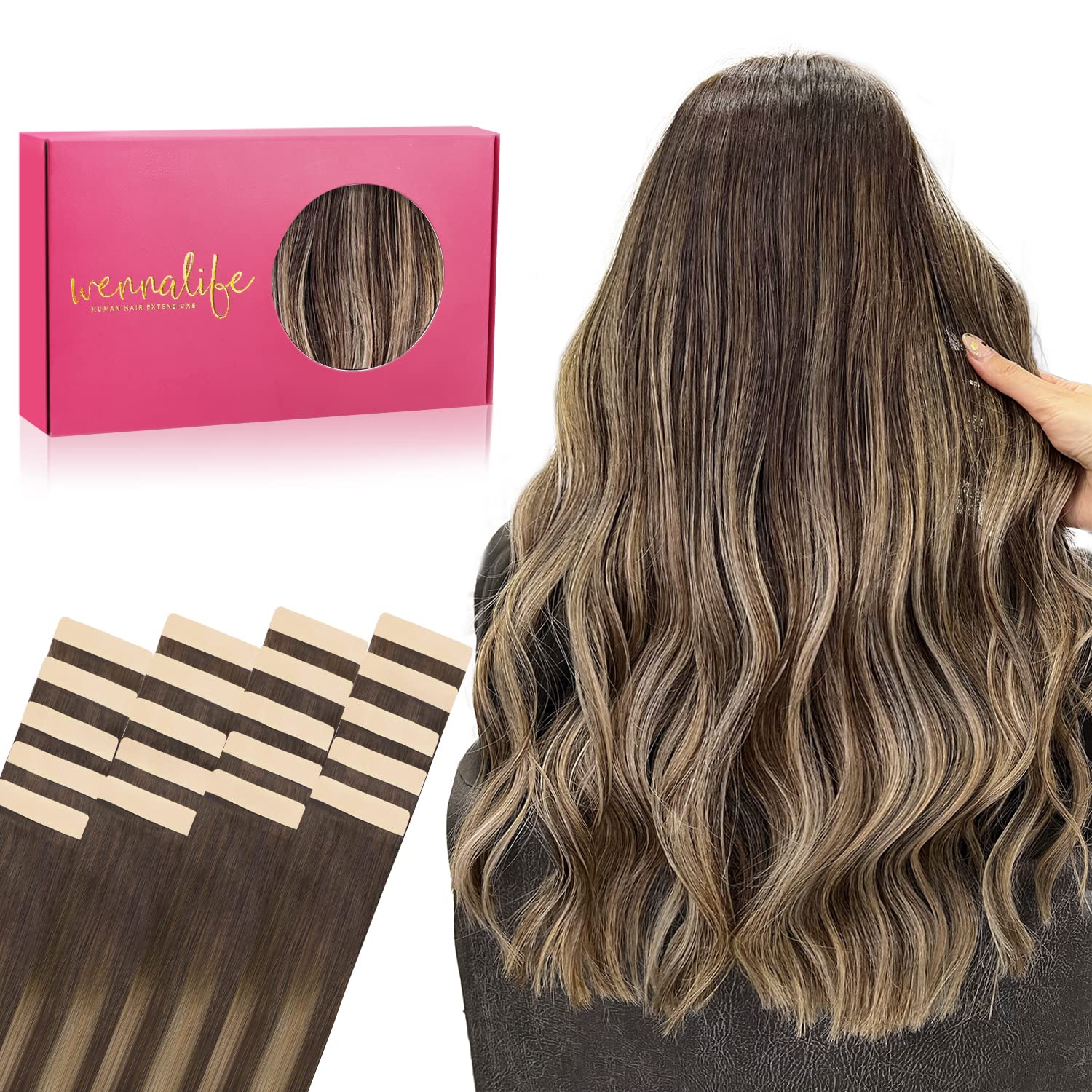 WENNALIFE Tape in Hair Extensions Human Hair, 20pcs 12 inch 40g Balayage Chocolate Brown to Honey Blonde Real Human Hair Tape Extensions Remy Tape Hair Extensions Straight Hair Extensions — image 1