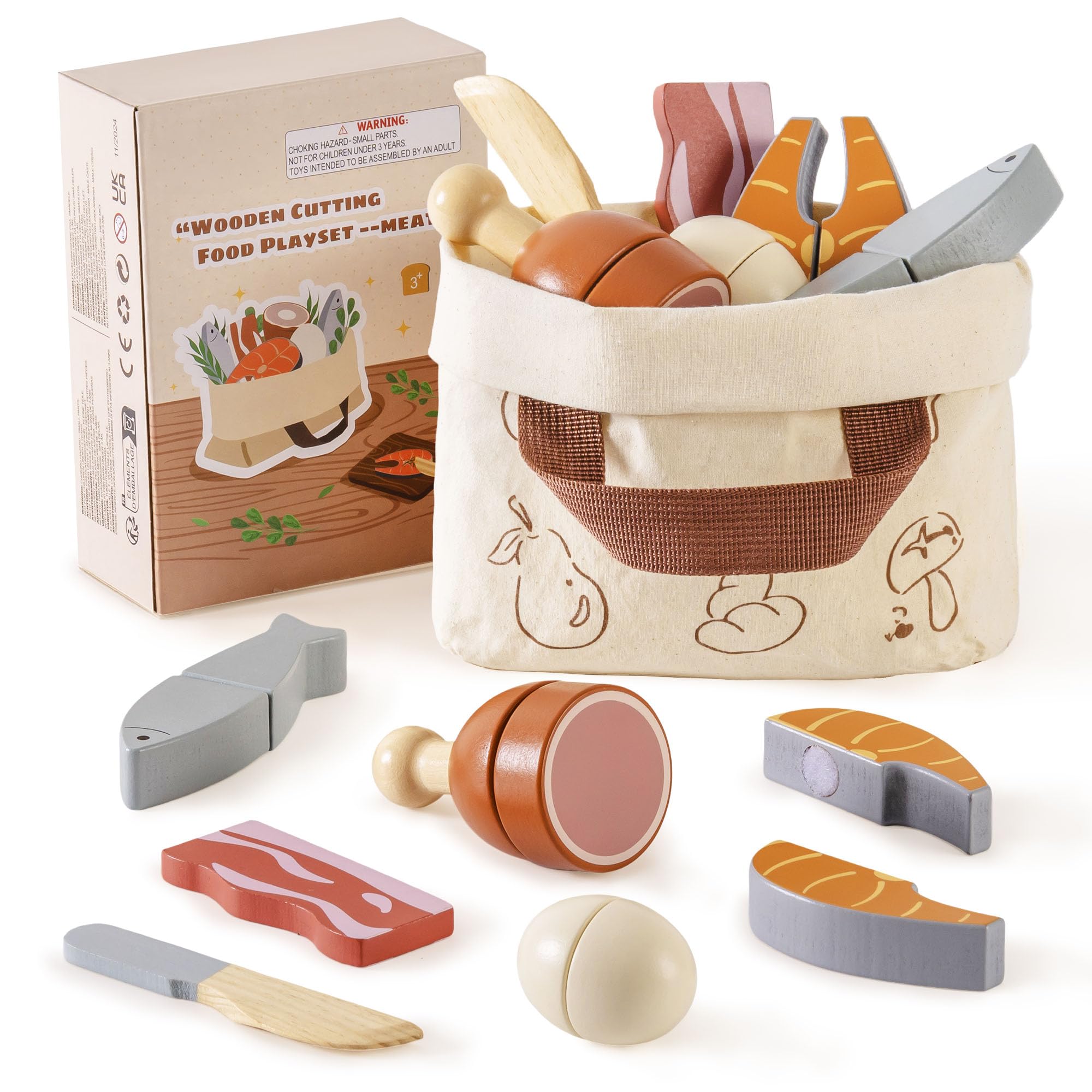 ROBOTIME Wooden Play Food, Kids Kitchen Cutting Set, Toddler Realistic Pretend Play Food, Montessori Learning Toys for Children, Educational Role Play Gift for Boys Girls Age 3+, Meat Set