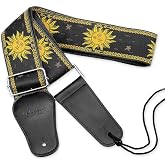 BestSounds Guitar Strap, Vintage Embroidered Sun Straps with Genuine Leather Ends Guitar Shoulder Strap for Bass, Acoustic,Classical &amp; Electric Guitar (Black)