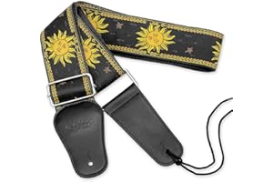BESTSOUNDS Guitar Strap, Vintage Embroidered Sun Straps with Genuine Leather Ends Guitar Shoulder Strap for Bass, Acoustic,Classical & Electric Guitar (Black)