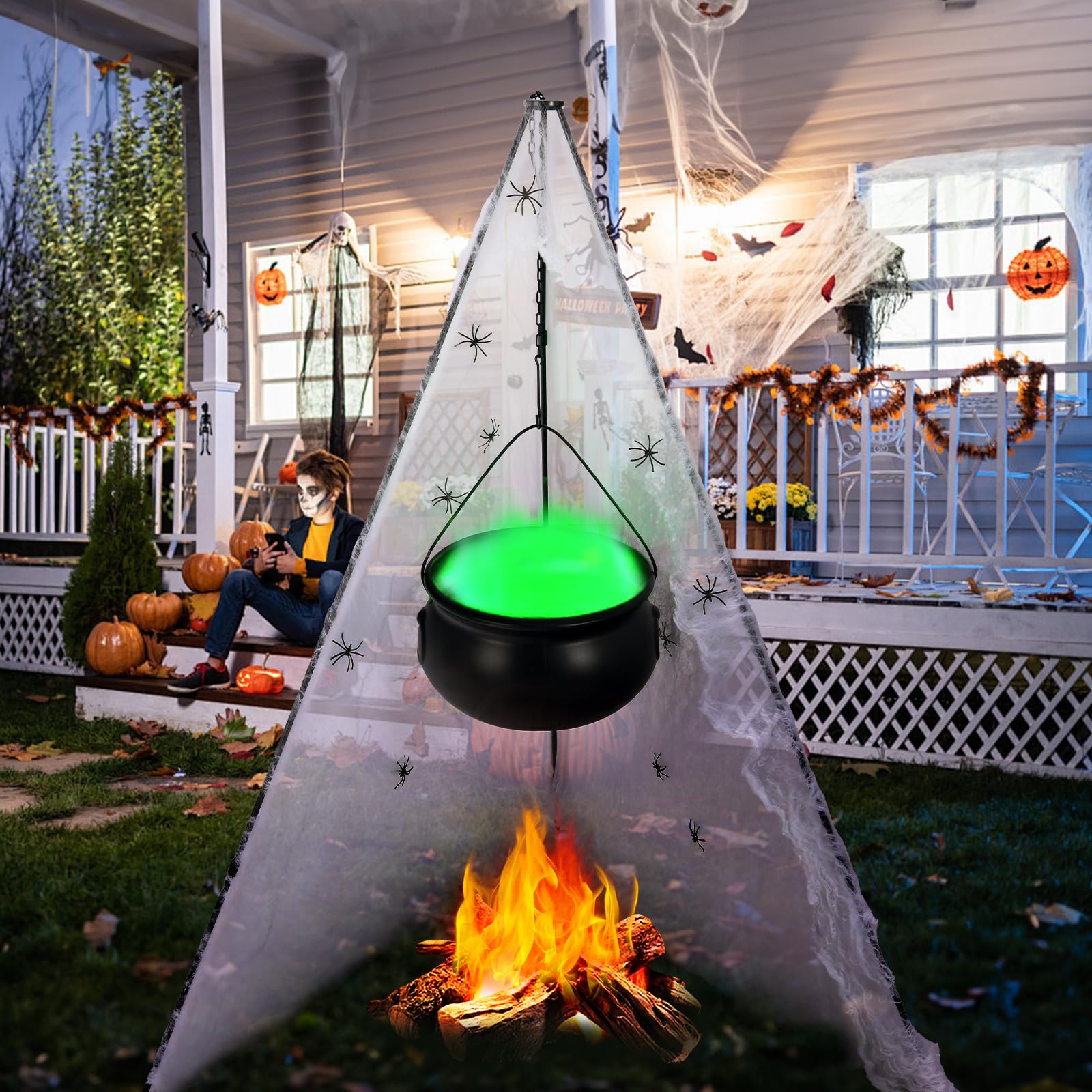 Photo 1 of Halloween Decorations Outdoor, DIY Witches Cauldron Black Plastic Bowl Indoor, Halloween Witch Cauldron on Tripod with Lights, Cotton, Spider Web- Candy Bucket Porch Yard Decor