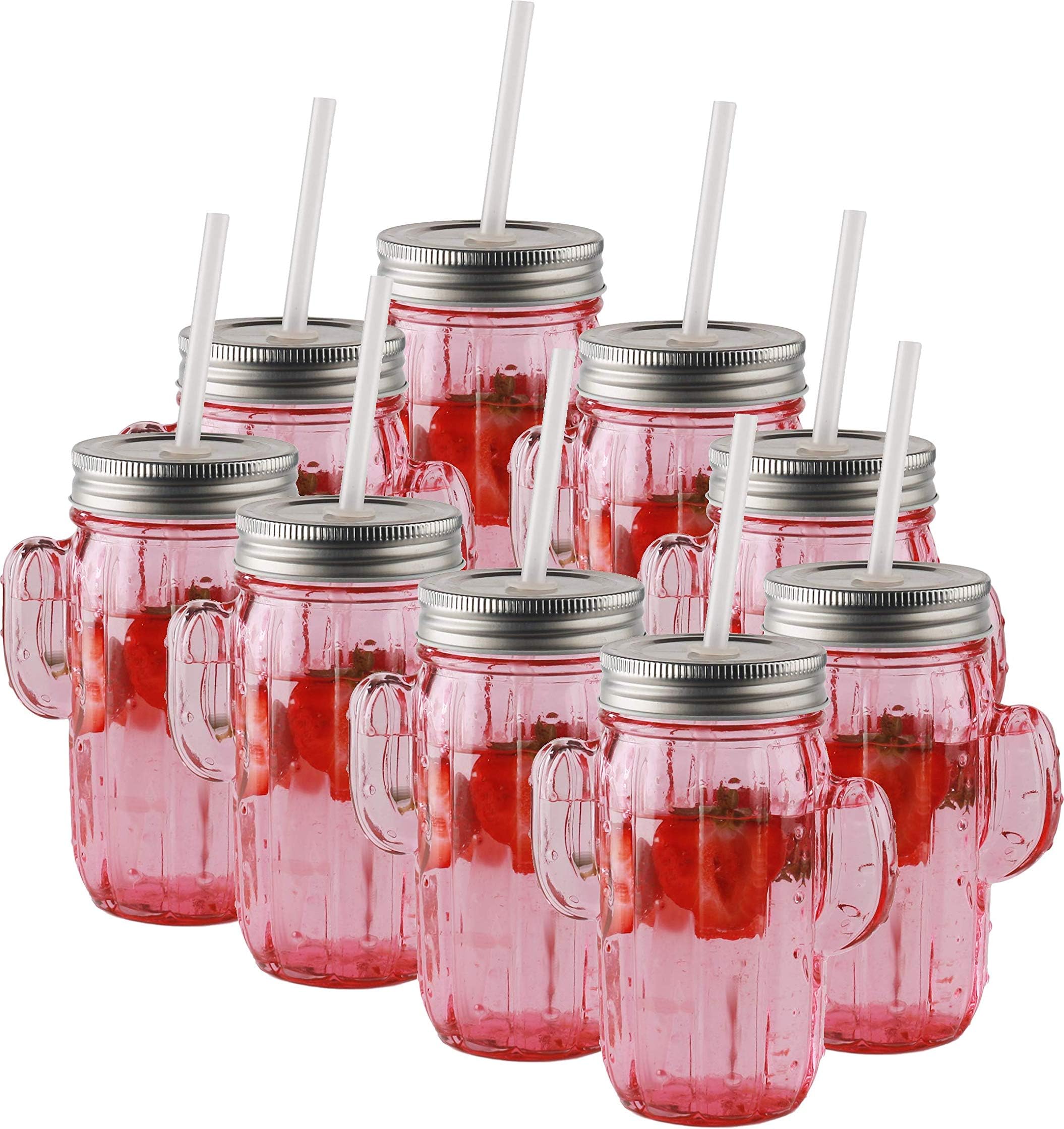 Circleware Pink Mason Jar Drinking Glasses with Metal Lids and Hard Plastic Straws Huge Set of 9 Glassware for Water Beer and Kitchen & Home Decor Bar Dining Beverage Gifts, 15.5 oz, Cactus