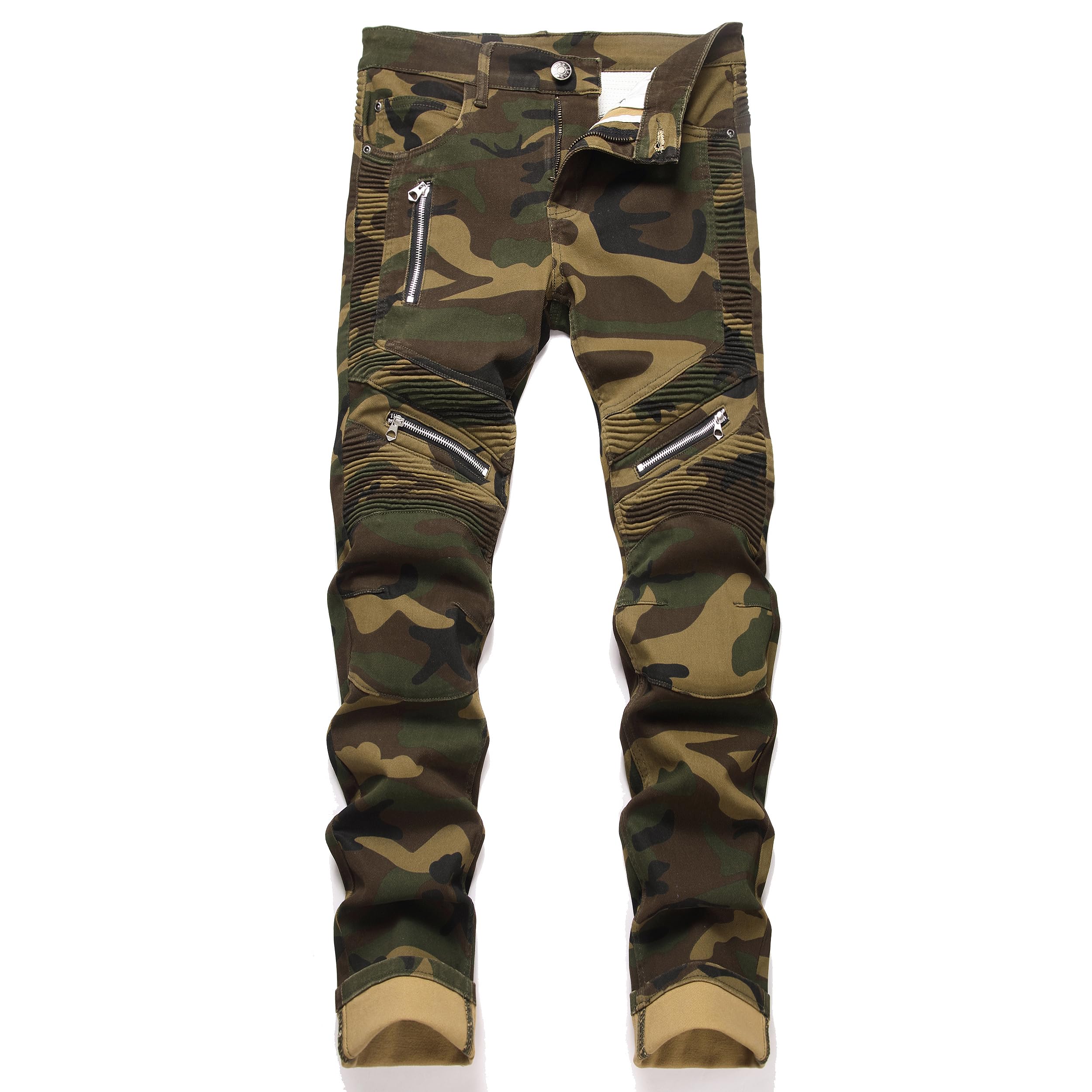 AITITIA Men's Biker Zipper Deco Washed Straight Fit Jeans (30, 016 Camouflage) Image