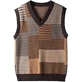 SHENHE Men's Brown Sweater Vest Vintage Plaid V Neck Patchwork Streetwear Sleeveless Sweaters