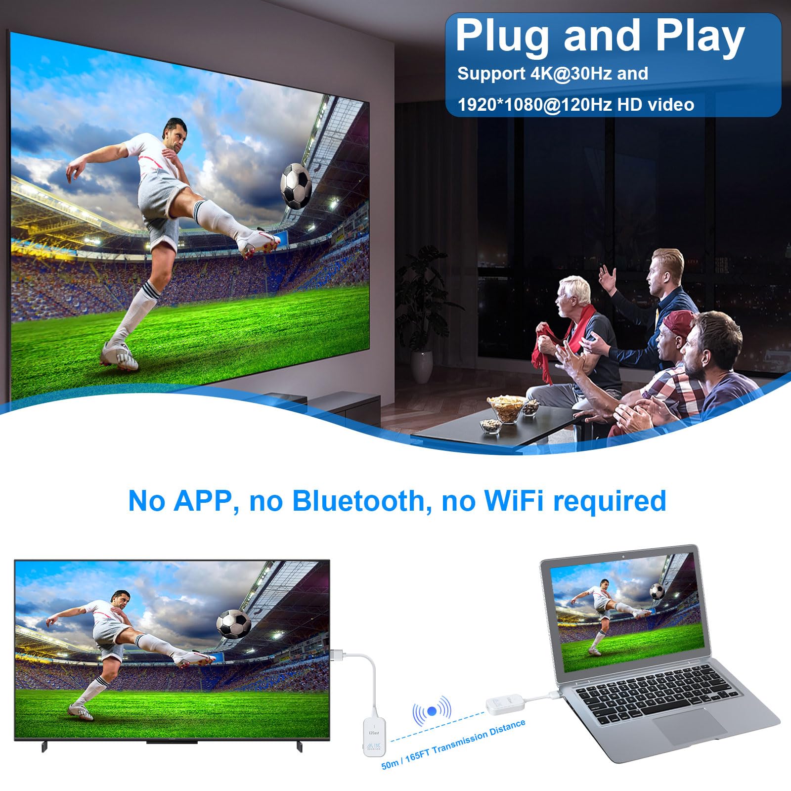 Wireless HDMI Transmitter and Receiver 4K, 1080P@120Hz Streaming Media Video/Audio Wireless HDMI Extender 5G from Laptop, PC, TV Box to Monitor, HDTV, 165FT/50M