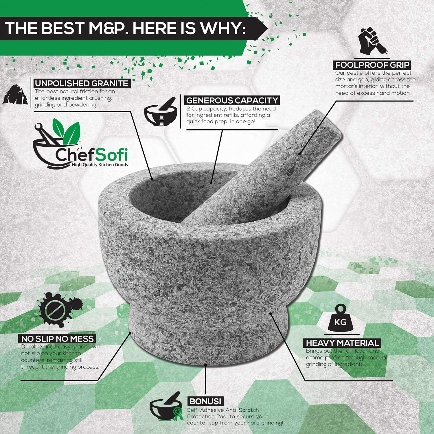 ChefSofi Mortar and Pestle Set - 6 Inch - 2 Cup Capacity - Unpolished Heavy Granite for Enhanced Performance and Organic Appearance - INCLUDED: Anti-Scratch Protector + Italian Recipes EBook: Kitchen & Dining