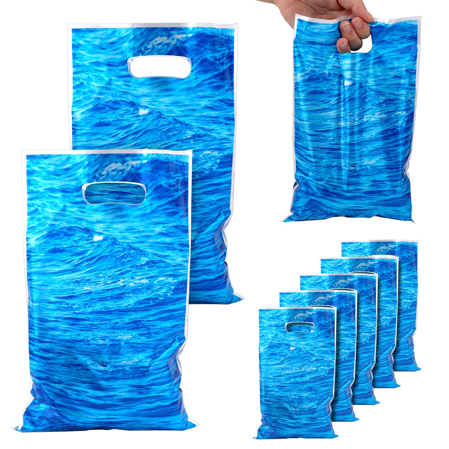Photo 1 of 50pcs Ocean Waves Party Favors Bags, Blue Under the Sea Goodie Bags with Handles Birthday Beach Ocean Pool Party Gift Bag Decorations for Presents Treat Candy Snacks Storage Supplies