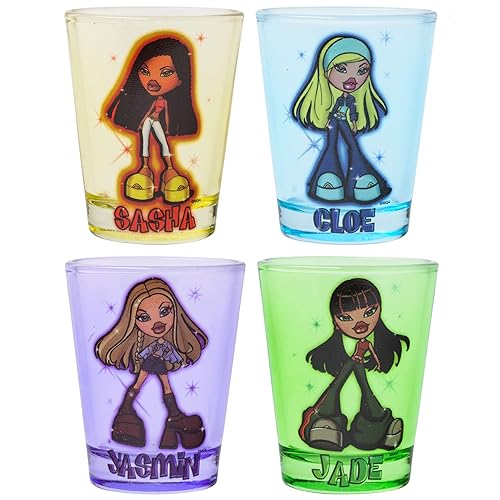 Silver Buffalo Bratz Sparkle Featuring Sasha, Cloe, Jasmin, and Jade 4 Pack Mini Glasses, 1.5 Ounces