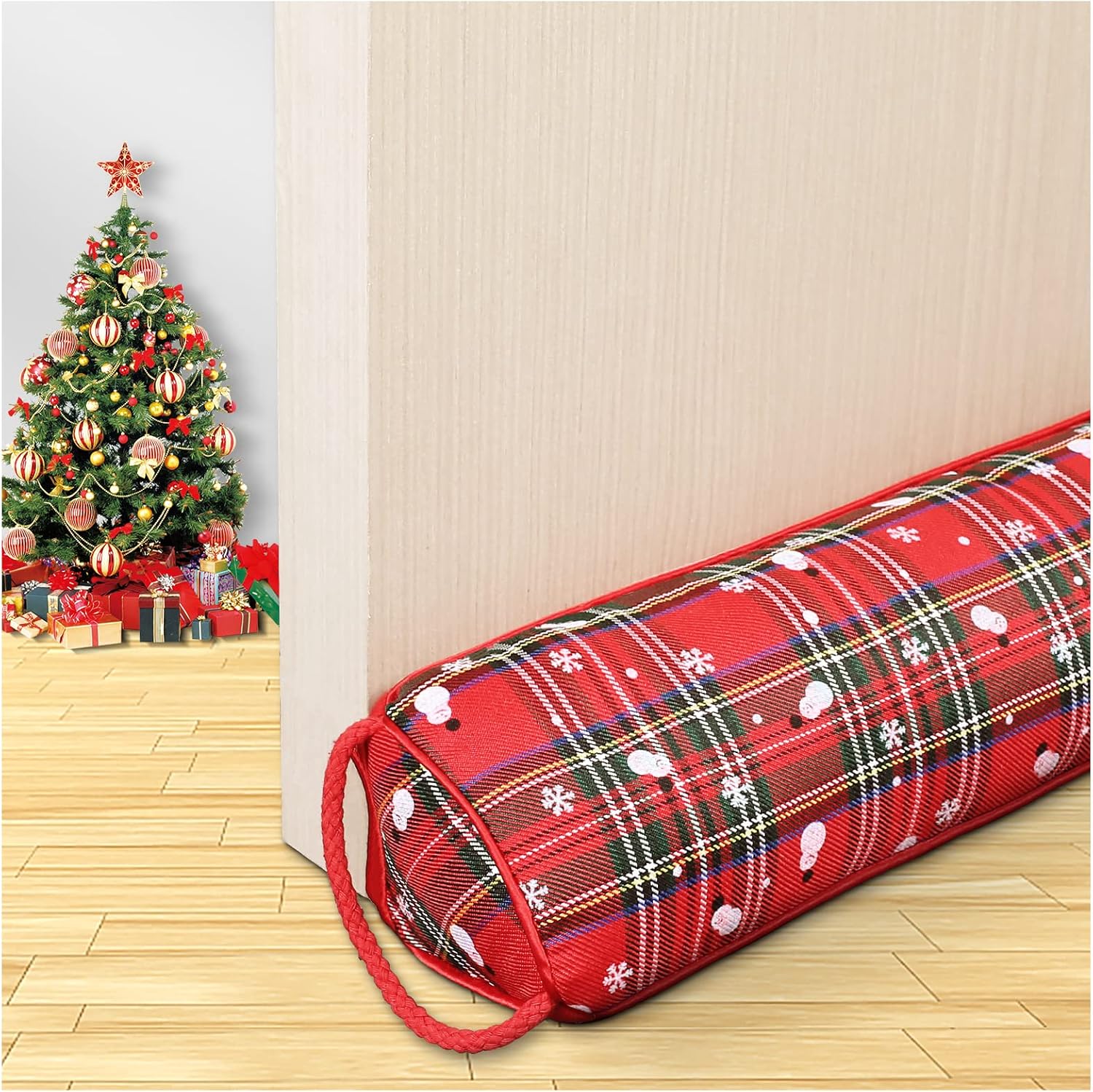Draft Stoppers - Triangle Under Door Draft Stopper Noise Blocker 36 Inches for Door Bottom Air Seal Insulation and Soundproof, Heavy Duty Weather Guard Snake Stripping, Tartan Check Red and Snowflake