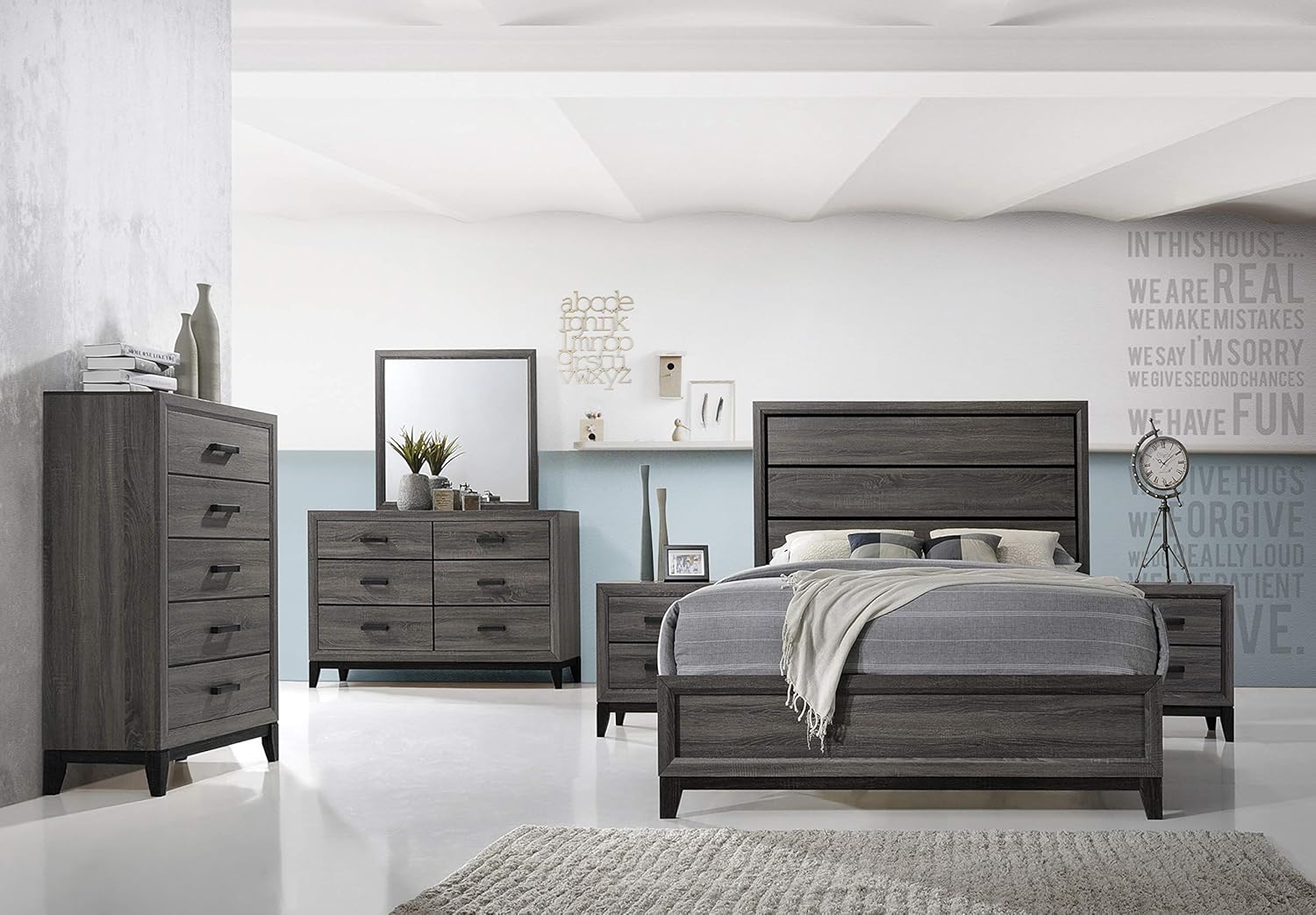Kings Brand Furniture Ambroise 6 Piece King Size Bedroom Set Grey Black Bed Dresser Mirror Chest 2 Night Stands