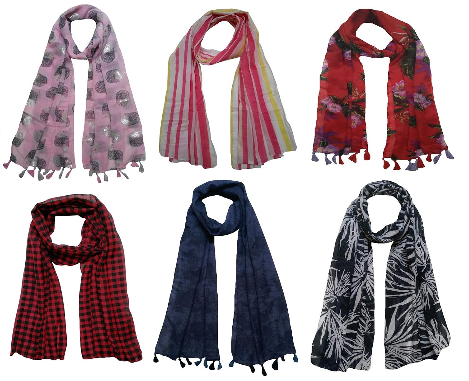printed designer poly cotton set of 6 mullticoloured stoles ; trendy scarf stoles dupatta for girls/ladies/women (f0154)