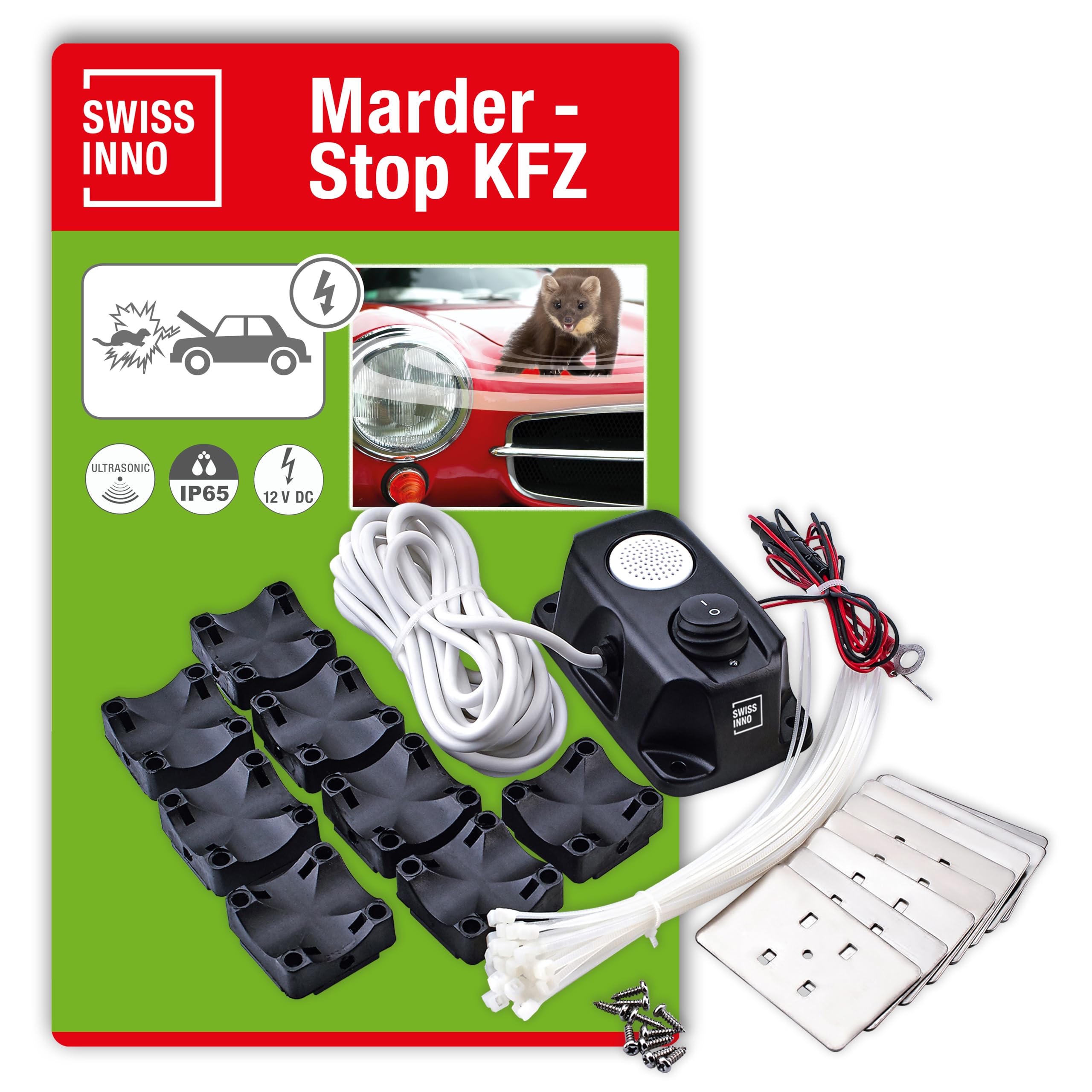 SWISSINNO Marten Stop Car Kit - Ultrasonic + High-Voltage Platelets - Protects Engine from Marten Damage - Waterproof - 12V Car Battery Operated - Automatic Power Cut-Off