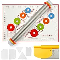 Rolling Pin with Adjustable Thickness Rings 17.5 inch Dough Roller, 24"x16" Nonstick Silicone Pastry Mat Bench Dough…
