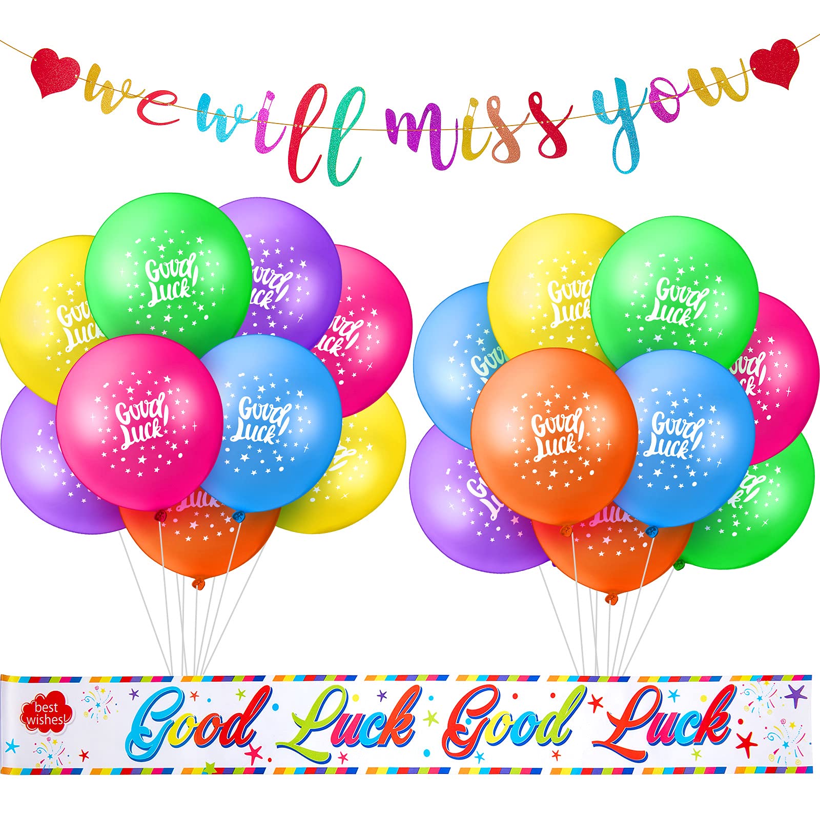 21 Pieces Sorry Your Leaving Decorations We Will Miss You Good Luck Banner Sash and Balloon Good Luck Decorations for Retirement Farewell Graduation Leaving Going Away Party (Bright Color)