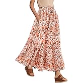 Urban CoCo Women's Summer Flowy Boho A-Line Pleated Maxi Skirt Elastic Waist Long Beach Skirts with Pockets
