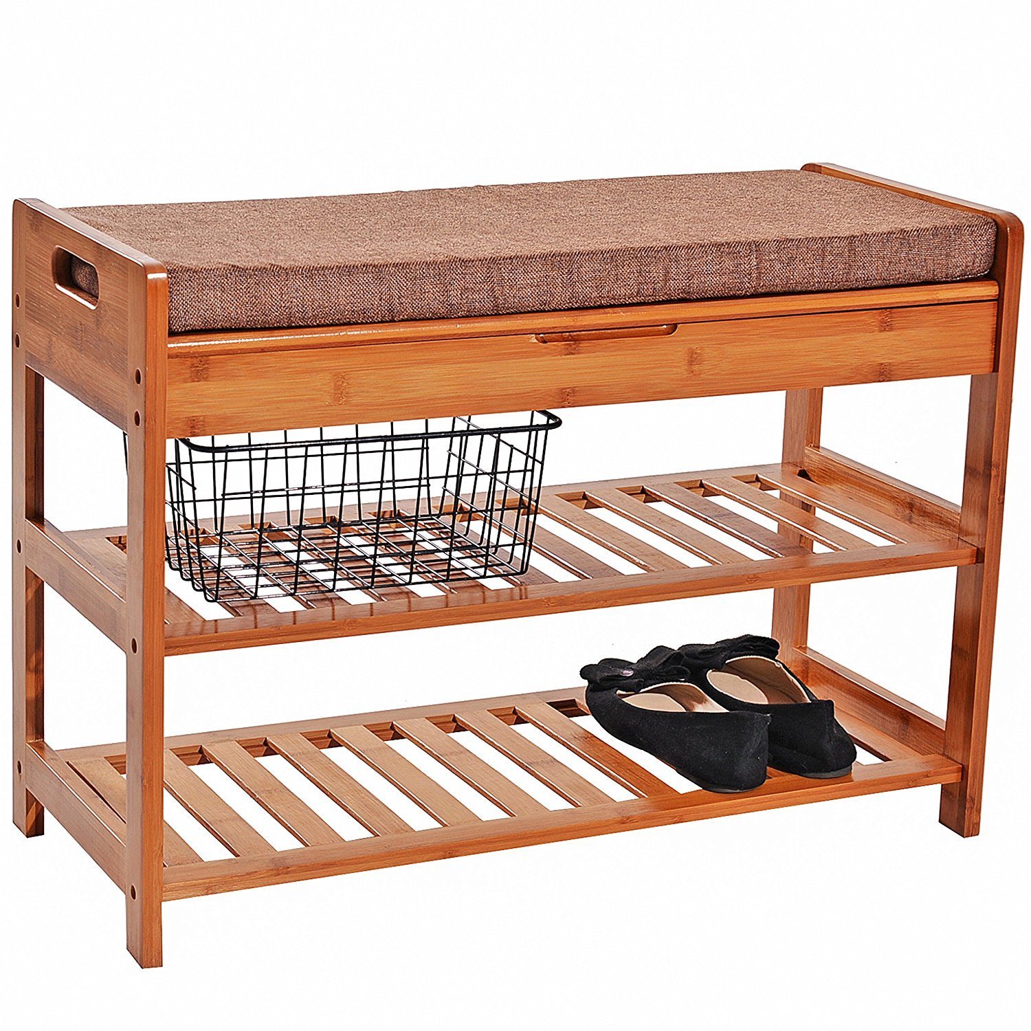 UNICOO Bamboo Shoe Bench Rack with Cushion Upholstered Padded Seat