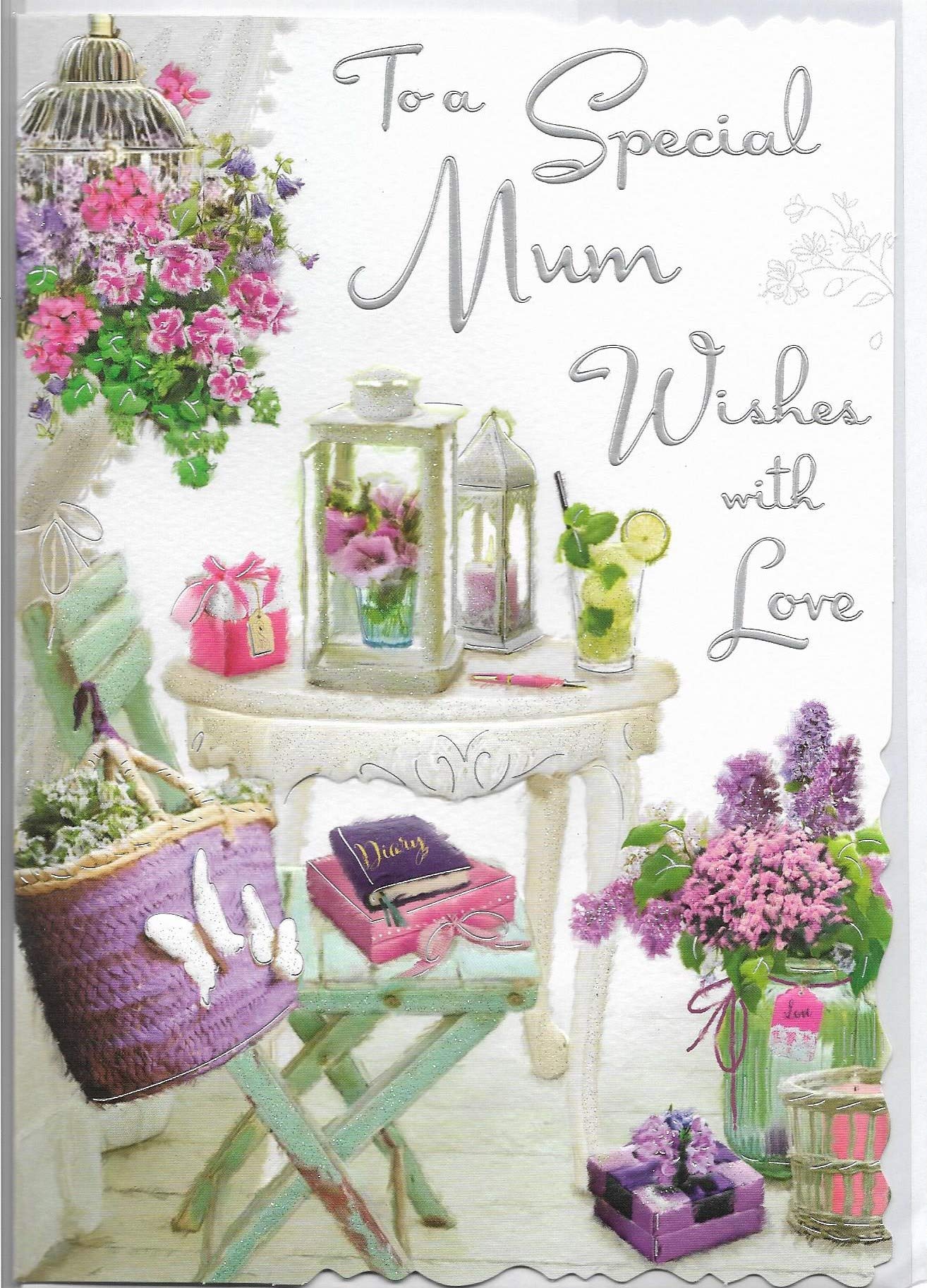 Birthday Card - Mum - Table and Chair with Flowers, Bag and Lantern