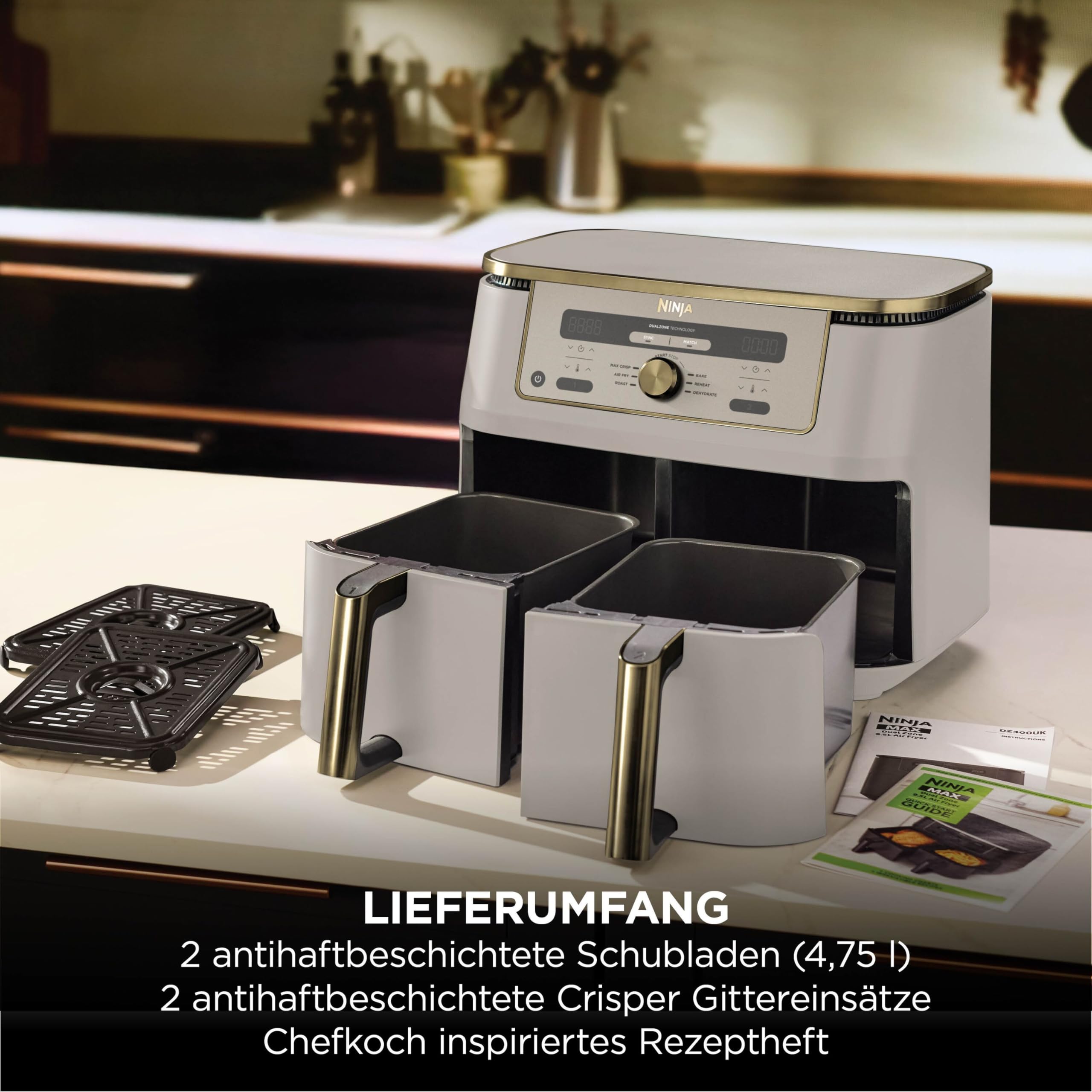 Ninja Dual Zone Digital Air Fryer, 2 Schubladen, 6-in-1, Heißluftfritteuse, 9,5L, Heißluft-Frittieren, Max Crisp, Rösten, Backen, Aufwärmen, Spülmaschinenfeste Körbe, Stone/Gold DZ400EUSTGD 9