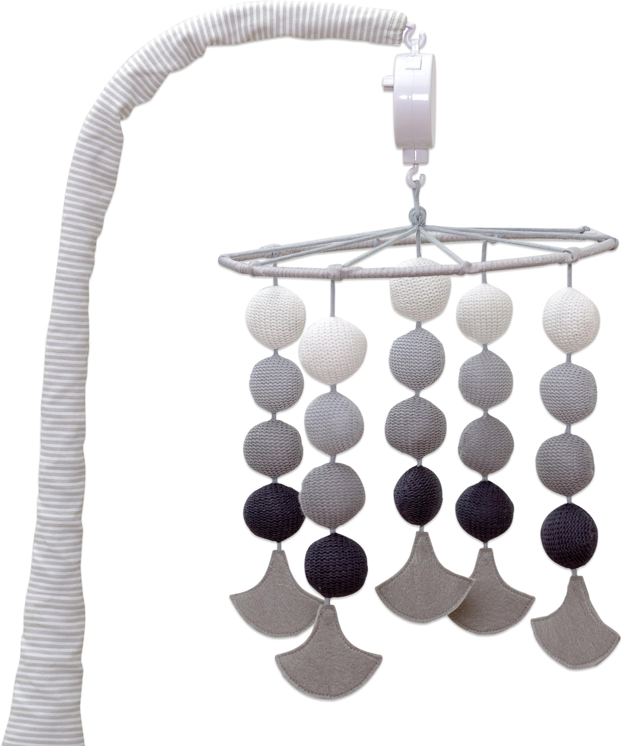 LOLLI LIVING Modern Baby Musical Mobile with Kayden Shapes. Kayden Collection Knitted Character Wind-Up Mobile.