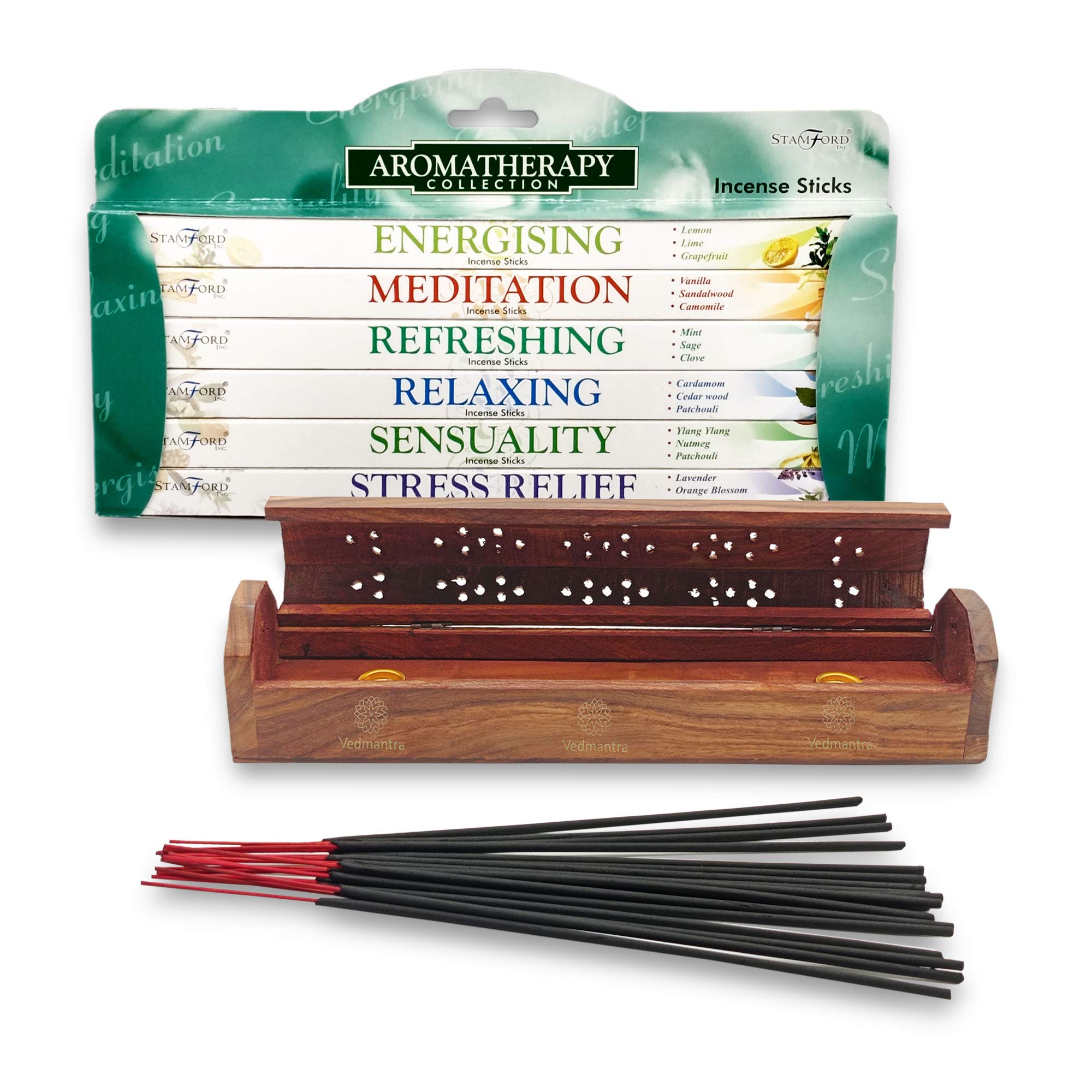 Stamford Premium Incense Gift Set With Naavya Nag Champa Incense Stick and Wooden Incense Stick Cone Holder Burner Storage Box (Aromatherapy)