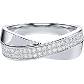 THELANDA Genuine Moissanite or Simulated Diamond Sterling Silver Unisex 6.5mm Wide X Crisscross Two Rows Wedding Ring