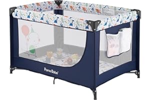 Pamo Babe Travel Foldable Portable Bassinet Baby Infant Comfortable Play Yard Crib Cot with Soft Mattress Breathable Mesh Walls, and Carry Bag Blue