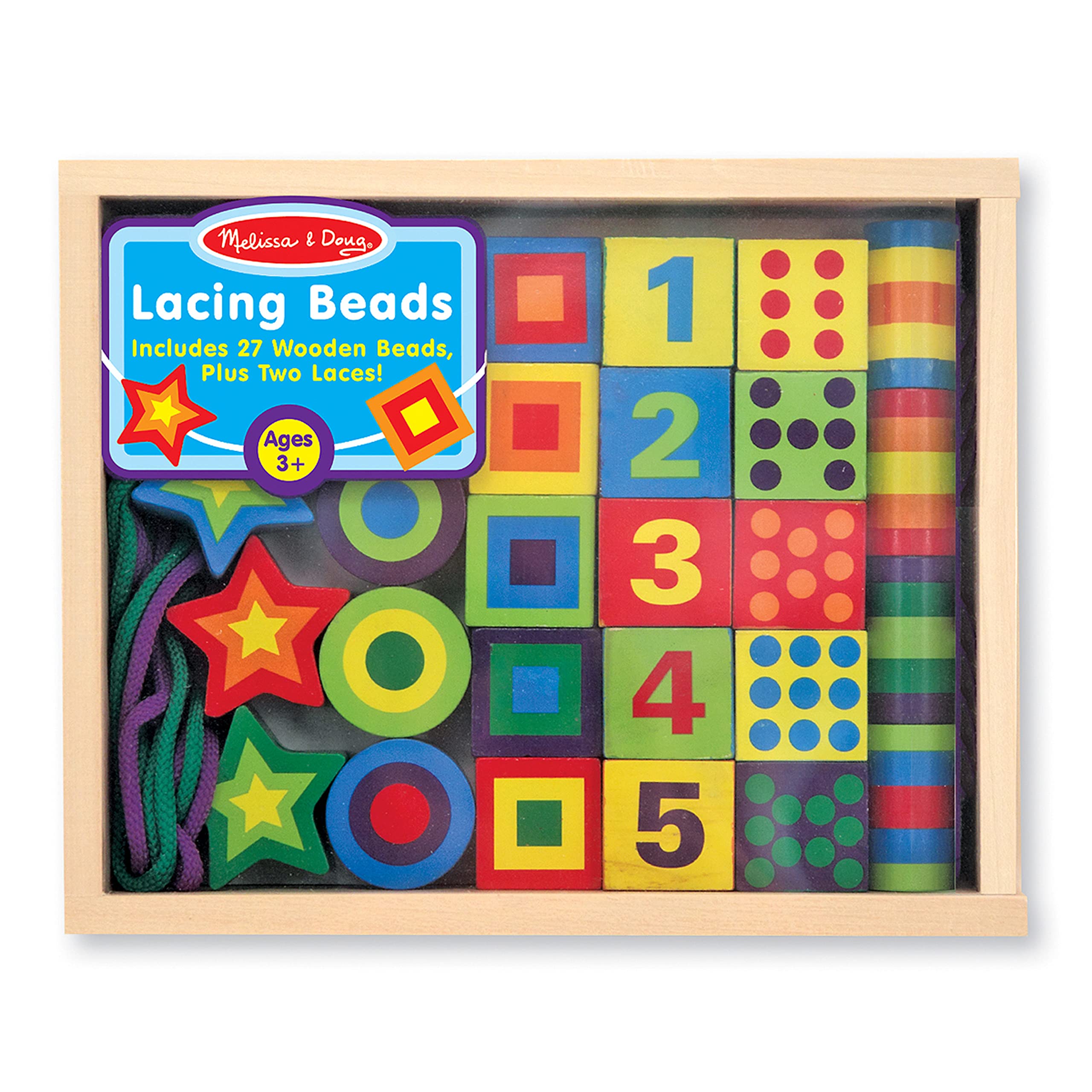 Melissa & Doug Deluxe Wooden Lacing Beads - Educational Activity with 27 Beads and 2 Laces