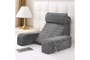 Selectico 19" Reading Pillow for Bed with Built-in Arms & Large Pockets, Supportive Backrest Cushion for Reading, Resting, or Reclining, Washable Cover – Grey