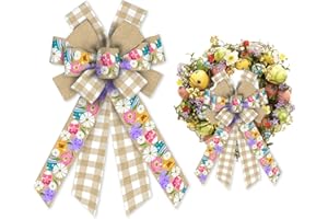 ALIBBON Large Easter Bows for Wreaths, Easter Wreath Bows, Easter Egg Bows for Front Door, Easter Decor, Natural Buffalo Plaid Spring Flower Burlap Bows for Spring Wreath Indoor Outdoor Decoration