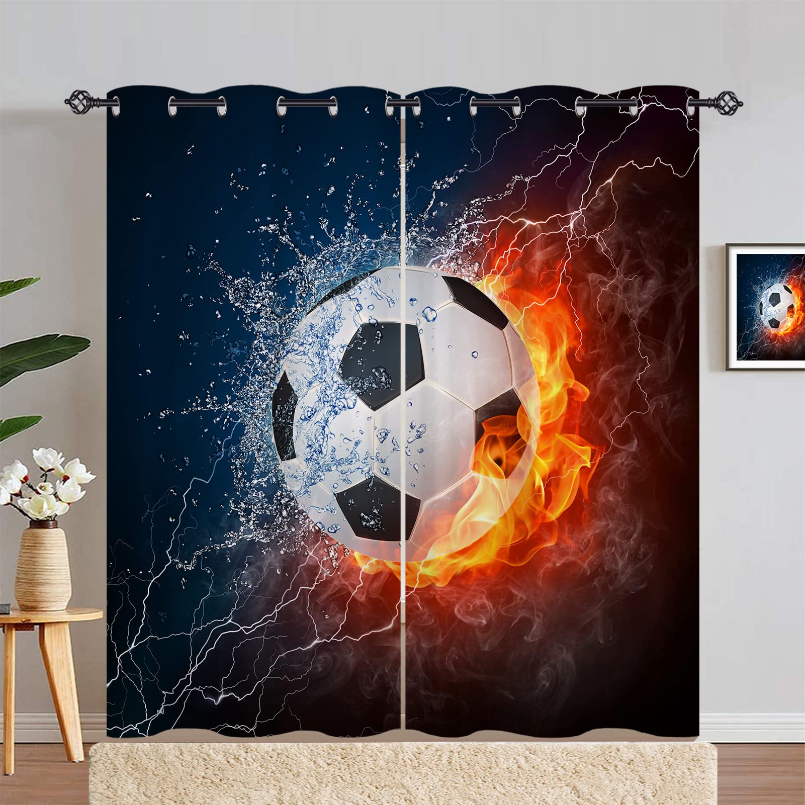 ANHOPE Football Curtains Eyelet Ring Top Thermal Insulated 80% Blackout Curtains with Sports Theme Flame Soccer Print Pattern Window Drapes for Kids Boys Bedroom Living Room 46 x 72 Inch Drop 2 Panels