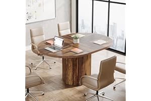 Tribesigns 55.12 Inches Oval Conference Table, Rustic Wood Conference Meeting Room Table for 4-6 People, Small Seminar Table with Polygon Shaped Base for Break Room Office, Large Office Desk, Brown