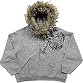 RICHTRUE Therian Fur Hood Jacket Y2k Goth Zip Up Hoodie Oversized Graphic Sweatshirt Emo Grunge Streetwear Fall Winter 2025