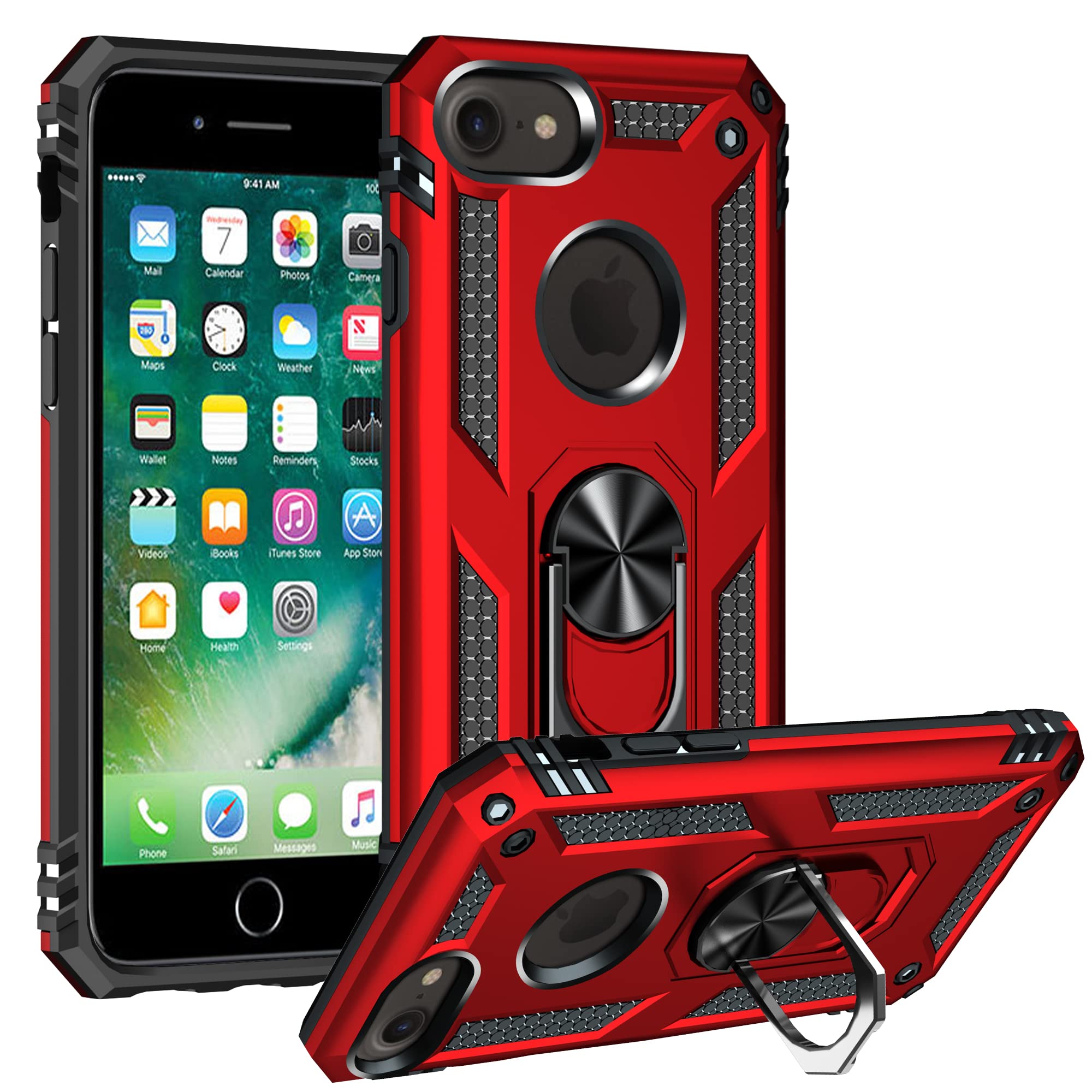 for iPhone SE 2022 Case, iPhone SE 2020 Case, iPhone 8 Case iPhone 7 Case, Military Grade Tough Heavy Armored Protective Phone Case with Magnetic Ring Kickstand Slim Shockproof Duty Armor, Red