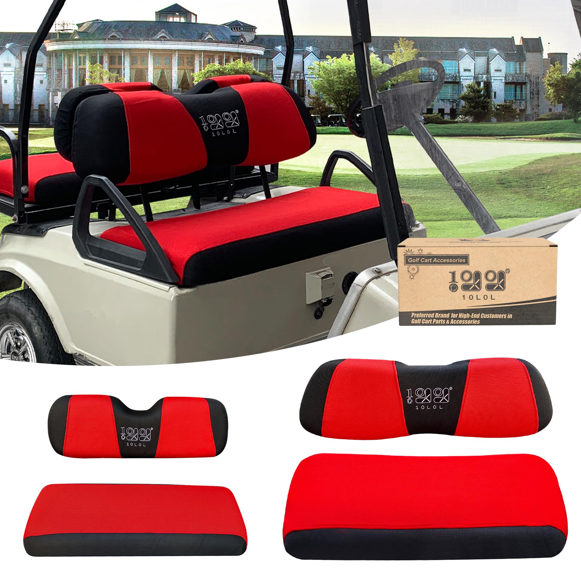 Photo 1 of 10L0L Golf Cart Seat Cover, Front (S Size) & Rear (XS Size) Fits Club Car DS & EZGO RXV TXT 4 Passenger Models Bench Seat Covers Kit, Washable Breathable Polyester Mesh Cloth (Red & Black)