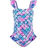 DAXIANG Girls One Piece Ruffle Strap Swimsuit Quick Dry Mermaid Swimwear Beach Sport Bathing Suit for Toddler Kids 4-11 Years