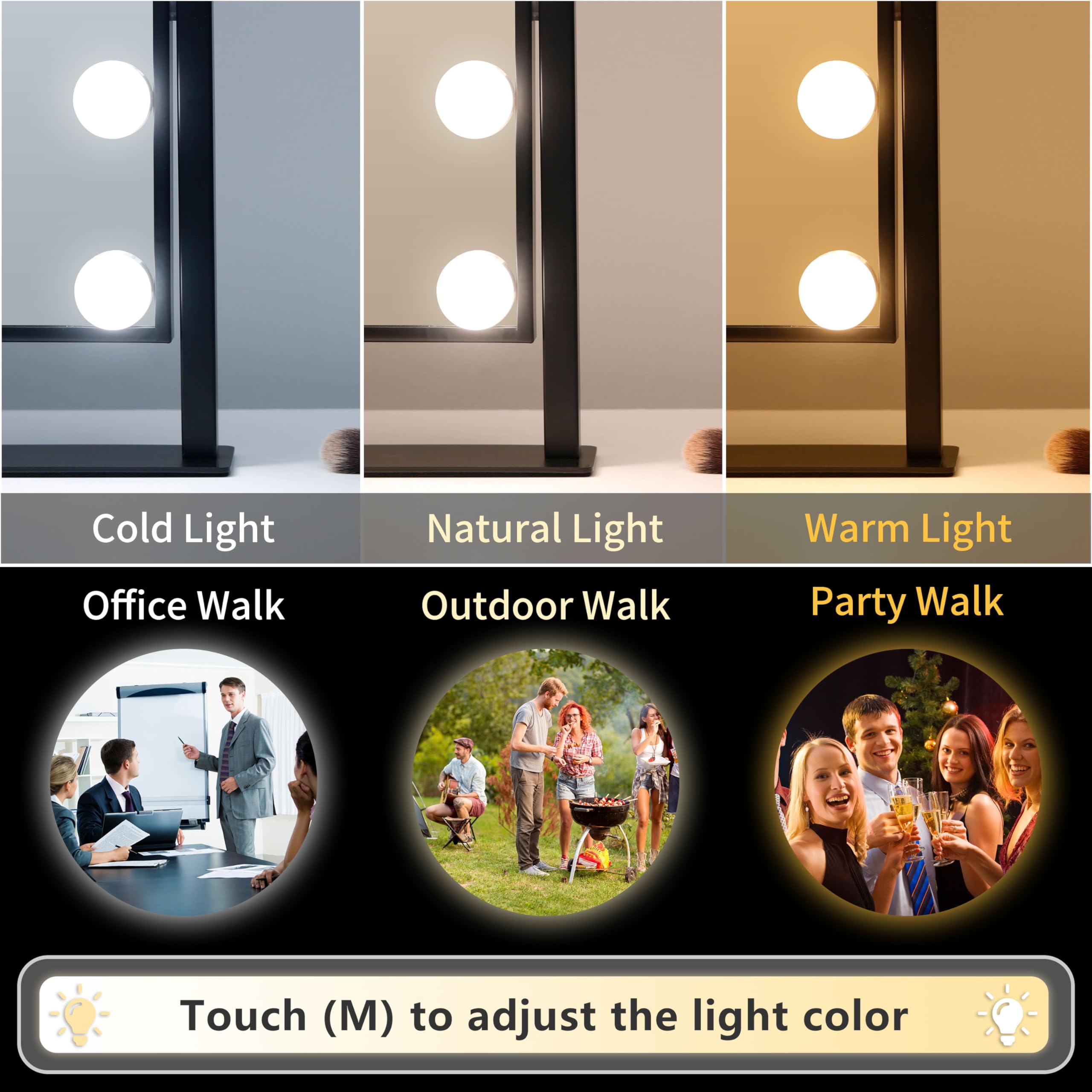 Kotdning Vanity Mirror with Lights,Lighted Vanity Mirror with 9 Dimmable Bulbs for Dressing Room & Bedroom,3 Color Lighting,Modes Detachable 10x Magnification 360°Ratation (Black) 12