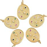 COGCHARGER 5 Pieces Flat Round Brass Cubic Zirconia Charm Pendants Brass Micro Pave Cubic Zirconia Pendants with Moon Star Pattern for Jewelry Making