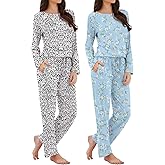 Xelky 2 Pack Womens Pajamas Set Long Sleeve Pajama Tops and Pants Sleepwear Soft Lounge Sets with Pocket