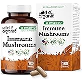 Wild & Organic Immune Mushroom Blend Capsules - 8 Mushroom Complex Supplements for Immunity Support with Turkey Tail, Chaga & Reishi Powder - 90 Days Supply - Vegan, No Fillers, Non-GMO - 180 Count