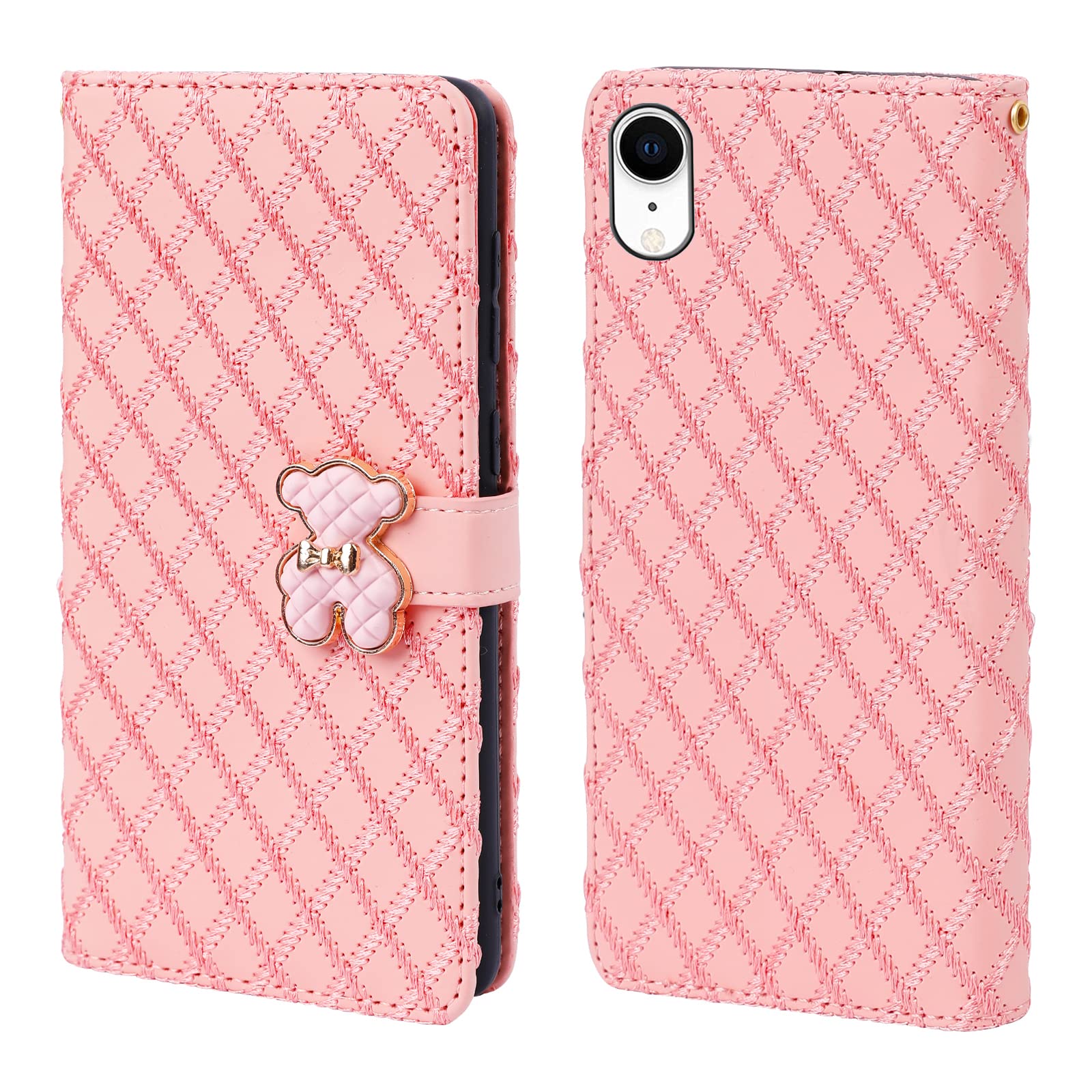 Tiyoo iPhone XR Phone Case with Card Holder, 3D Metal Bear Magnetic Closure, Embroidered Pink Wallet Case for Girls(iPhone XR)