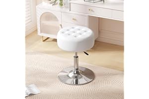 Furniliving Mid-Century Tufted Adjustable Swivel Makeup Ottoman Stool; Modern Big Size Round Vanity Stool Chair for Bedroom Living Room (White)