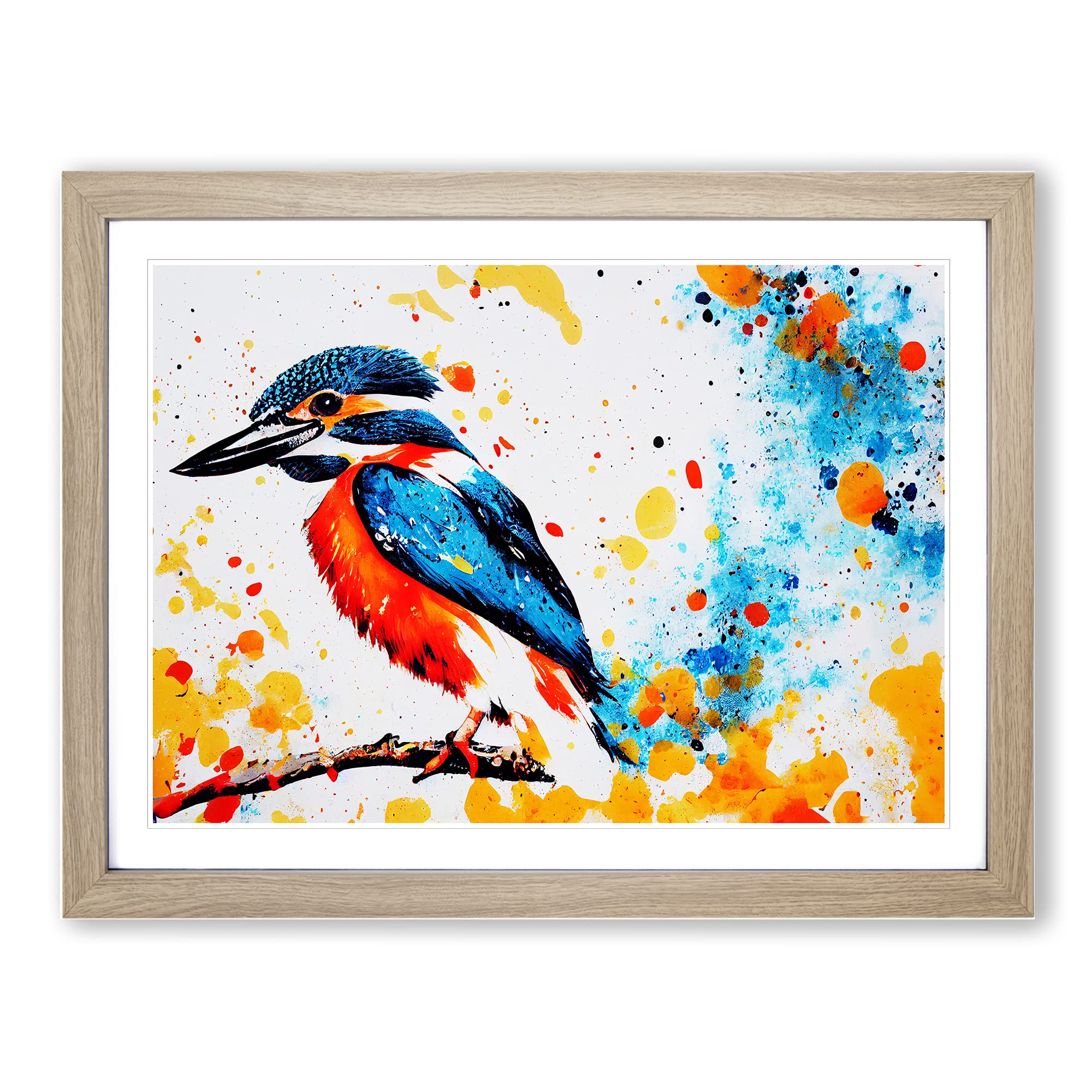 Kingfisher Bird Splash Vol.2 Abstract WHT Framed Print | A4 Oak Framed Wall Art | Ready to Hang | Abstract Fantasy Picture | Living Room Bedroom Lounge Office