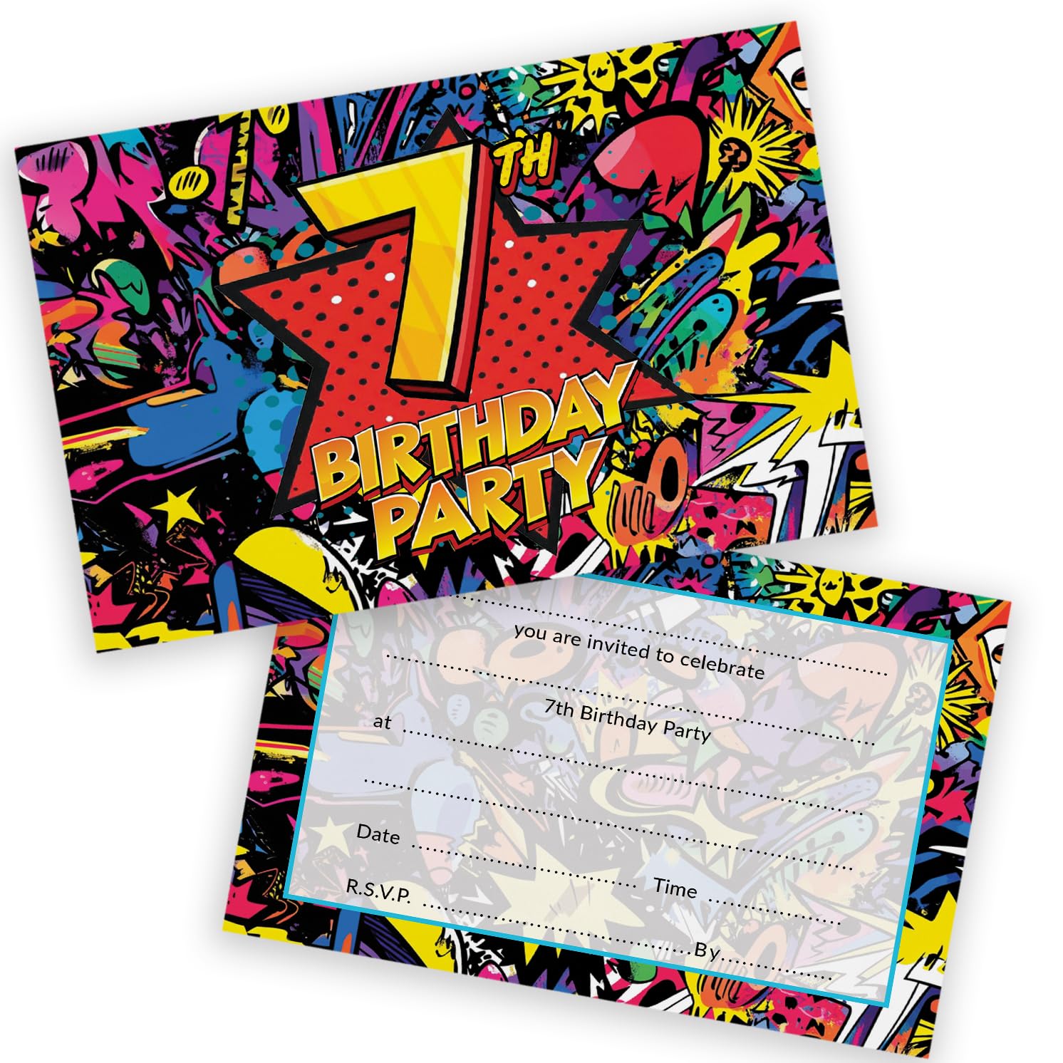 7th Birthday Party Invitations Kids - Comic Book Style 20 Pack - Childrens Birthday Invitations for Boys/Girls A6 Bday Party Invites Invitation Cards with Folding Envelopes — image 1