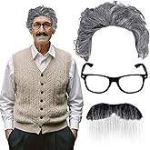 Rthjsfj 3pcs Old Man Costume Kit Grandpa Wig Glasses and Fake Beard for 100th Day Halloween Cosplay Accessories