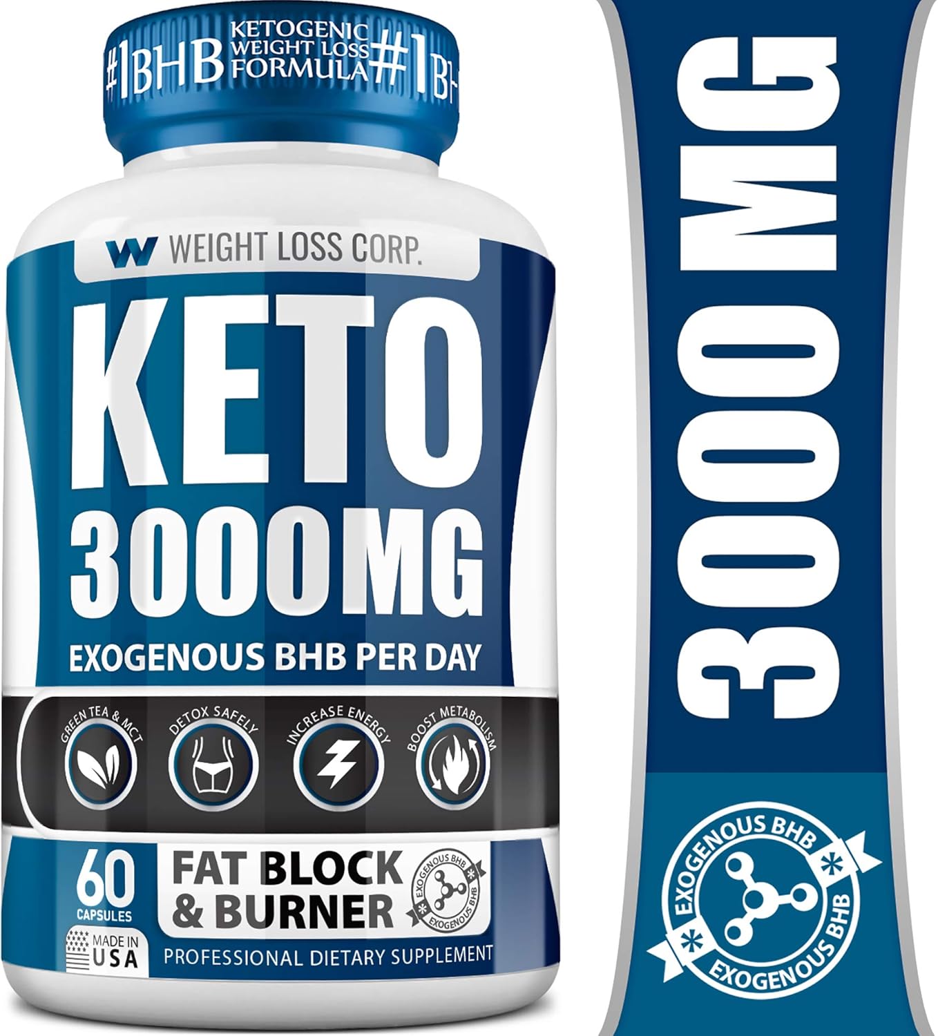 Keto Diet Pills - 3000MG Exogenous BHB - Made in USA - GMP & FDA Certified Facility - 60 Capsules of Ketosis Supplement - Best Ketogenic Supplement for Women & Men