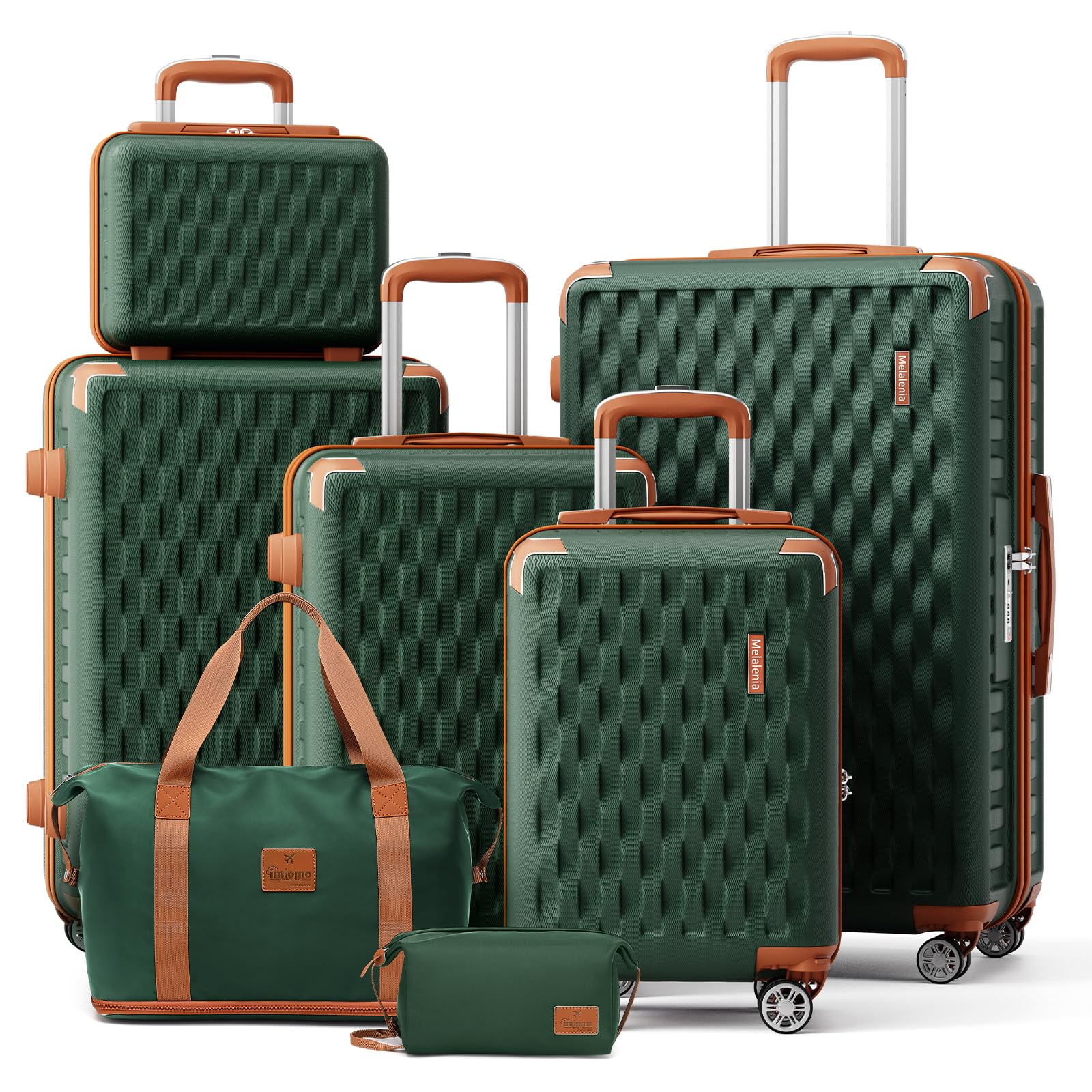 Melalenia Luggage Sets 7 Piece Hard Shell Carry on Suitcase with Spinner Wheels and TSA Lock, Lightweight Travel Duffel Bag for Women, Men, Green Brown